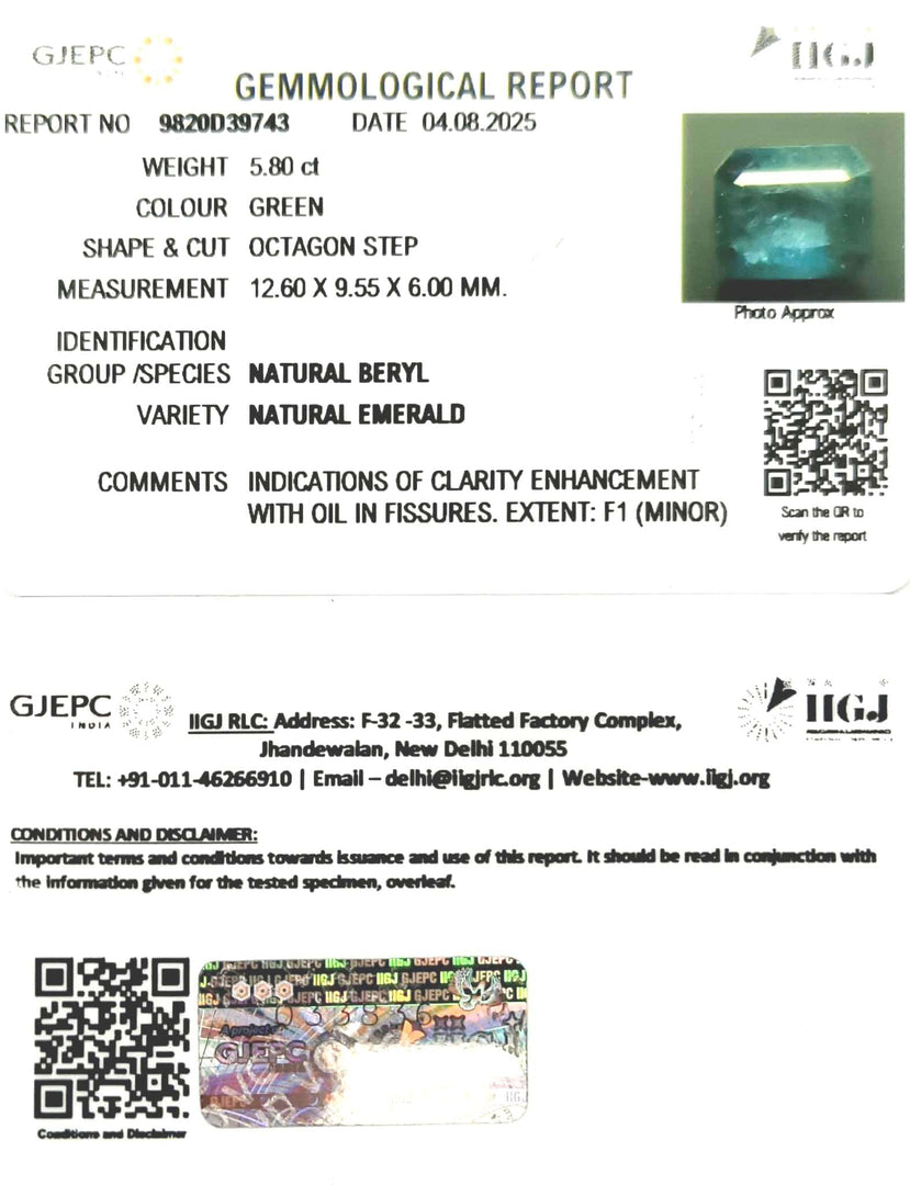5.80/CT Natural Panna Stone with Govt. Lab Certificate (23310)