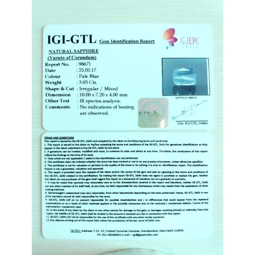 3.03/CT Natural Blue Sapphire with Govt Lab Certificate-BLUSA9T