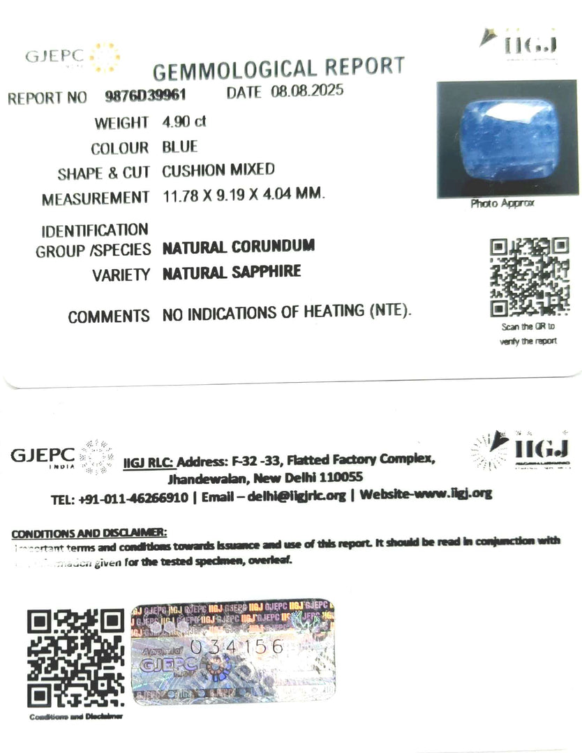 4.90/CT Natural Blue Sapphire with Govt Lab Certificate (8991)