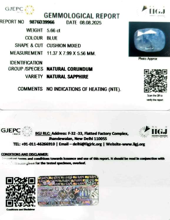 5.66/CT Natural Blue Sapphire with Govt Lab Certificate (8991)