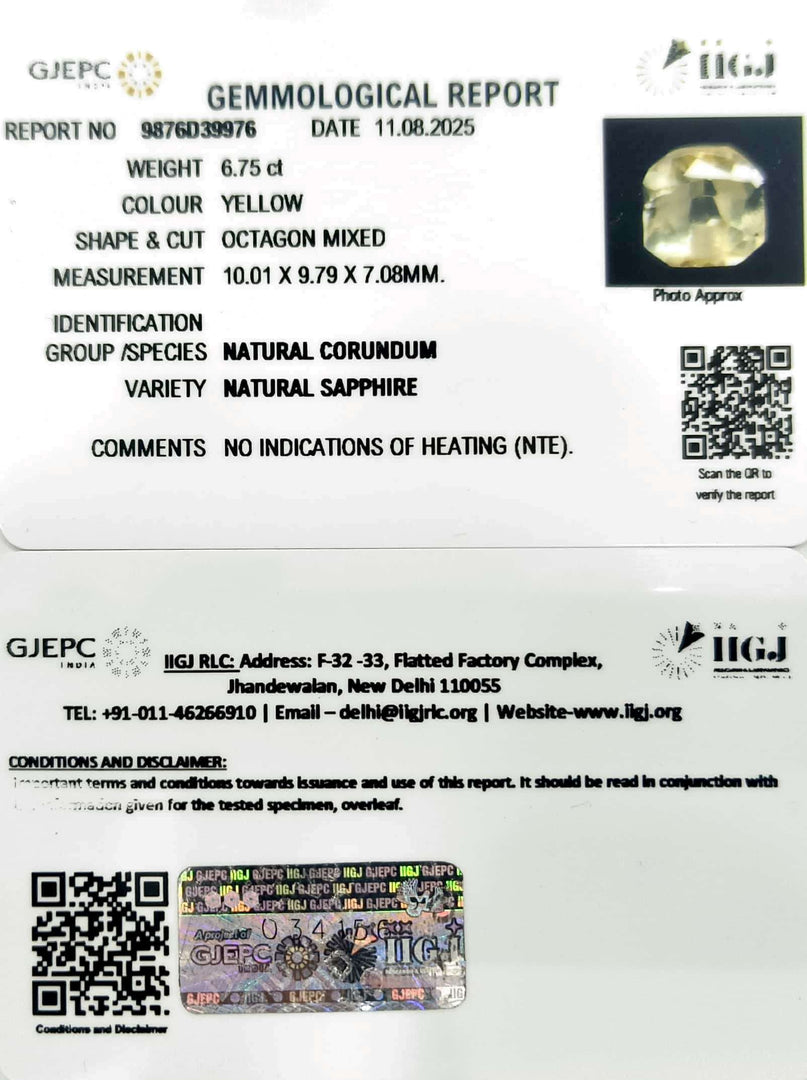6.75/CT Natural Yellow Sapphire With Govt Lab Certificate (78810)