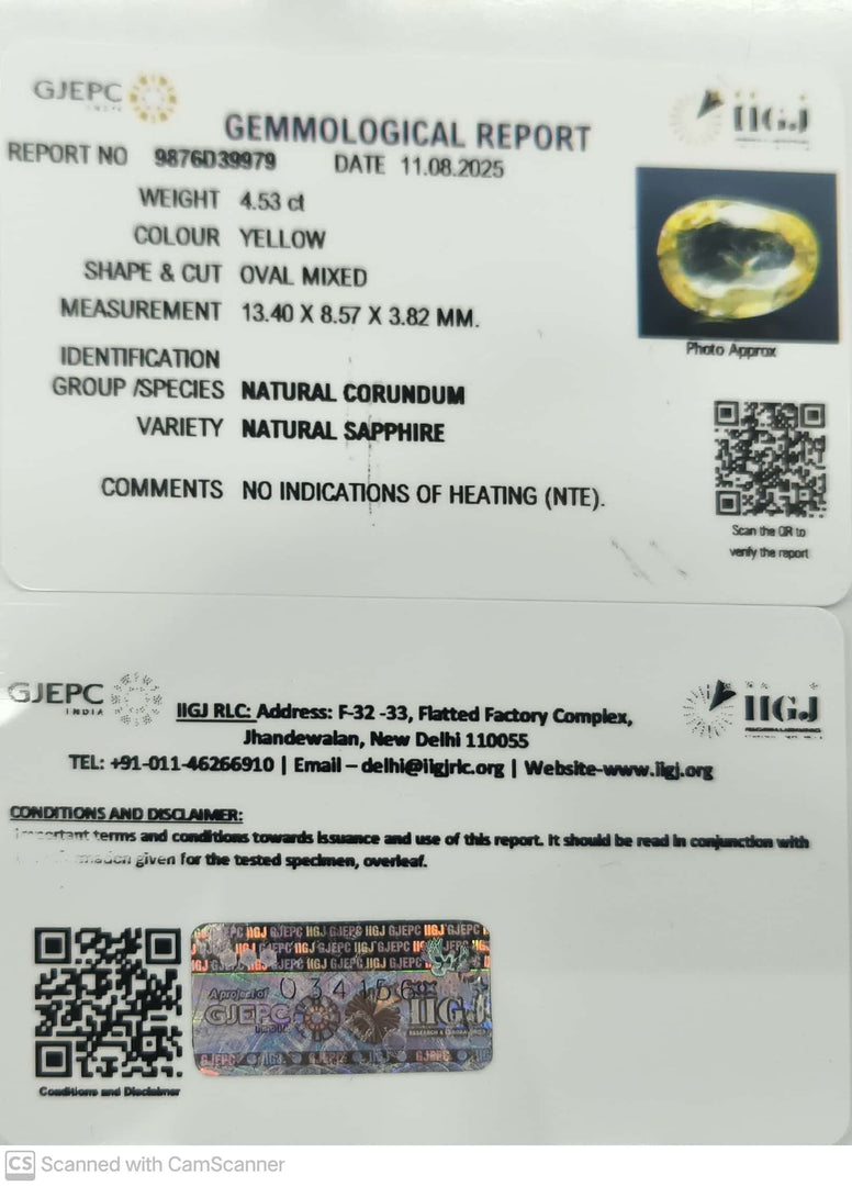 4.53/CT Natural Yellow Sapphire With Govt Lab Certificate (34410)