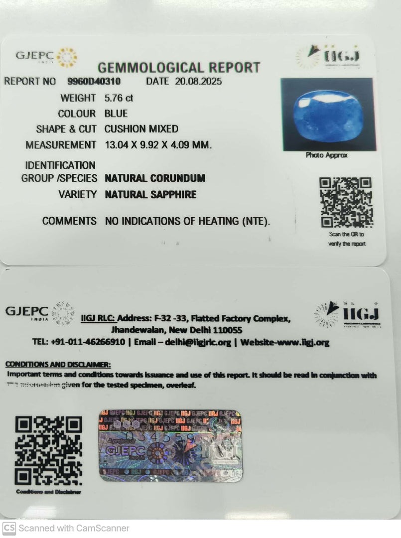 5.76/CT Natural Blue Sapphire with Govt Lab Certificate (6771)