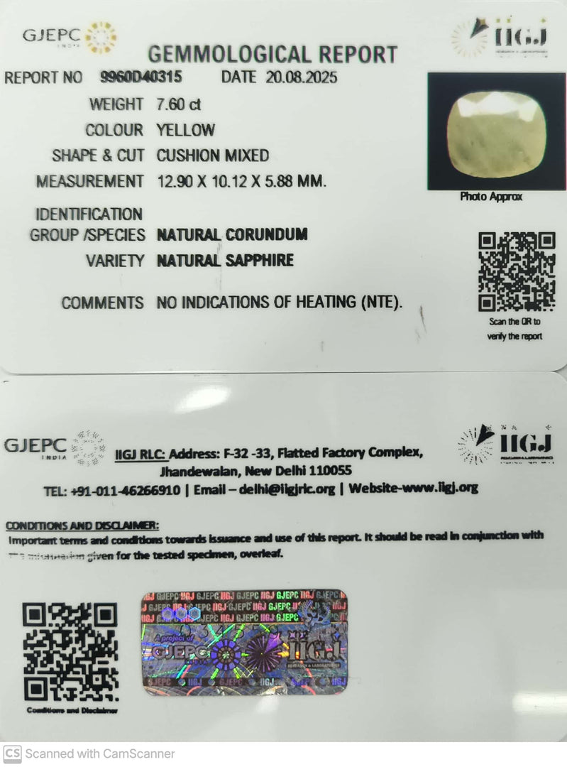 7.60/CT Natural Yellow Sapphire With Govt Lab Certificate (4551)