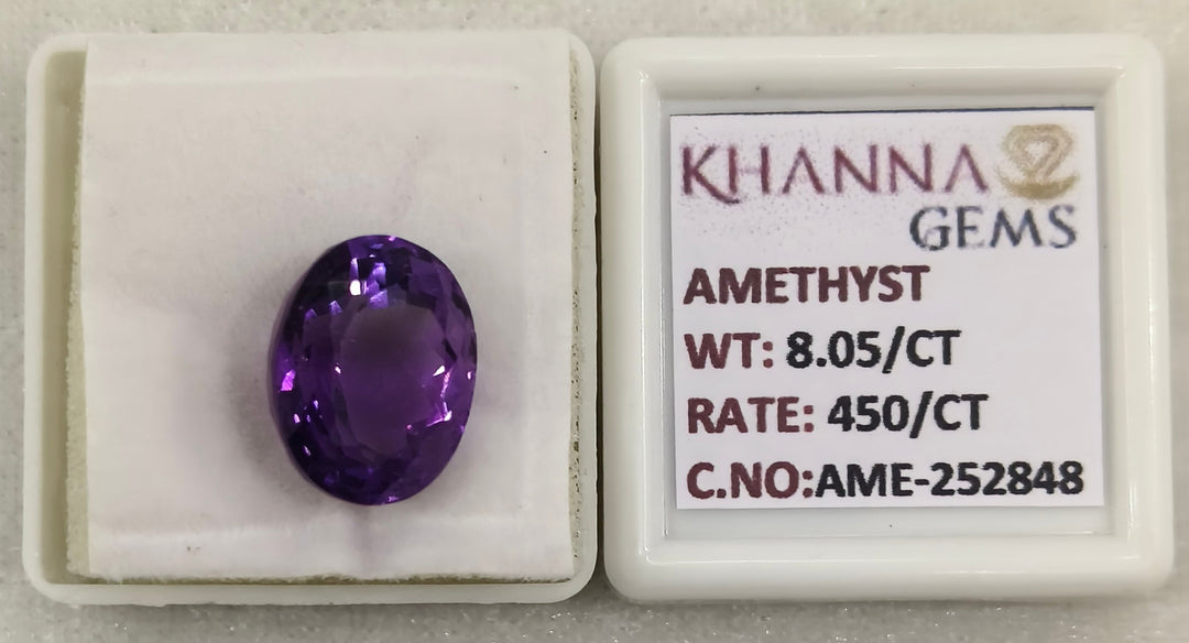 8.05/CT Natural Amethyst Gemstone with Govt. Lab Certificate