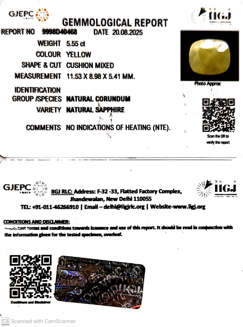 5.55/CT Natural Yellow Sapphire With Govt Lab Certificate (1221)