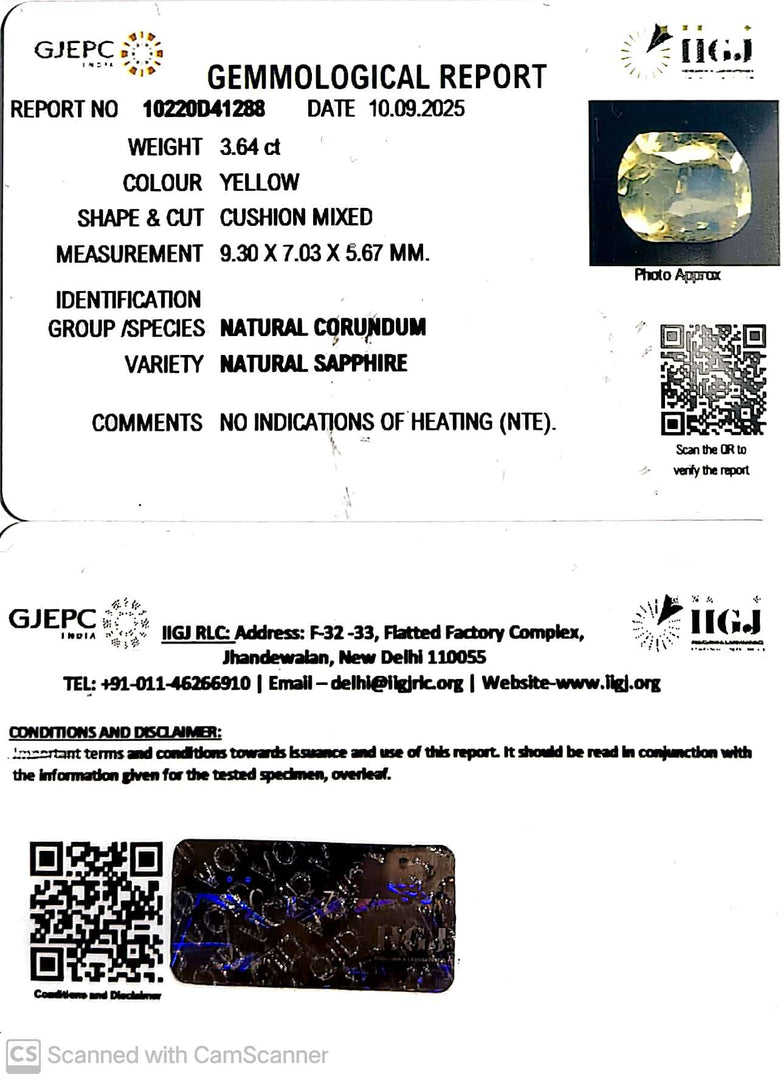 3.64/CT Natural Yellow Sapphire With Govt Lab Certificate (34410)