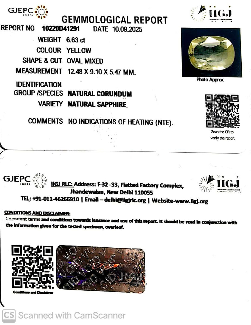 6.63/CT Natural Yellow Sapphire With Govt Lab Certificate (34410)