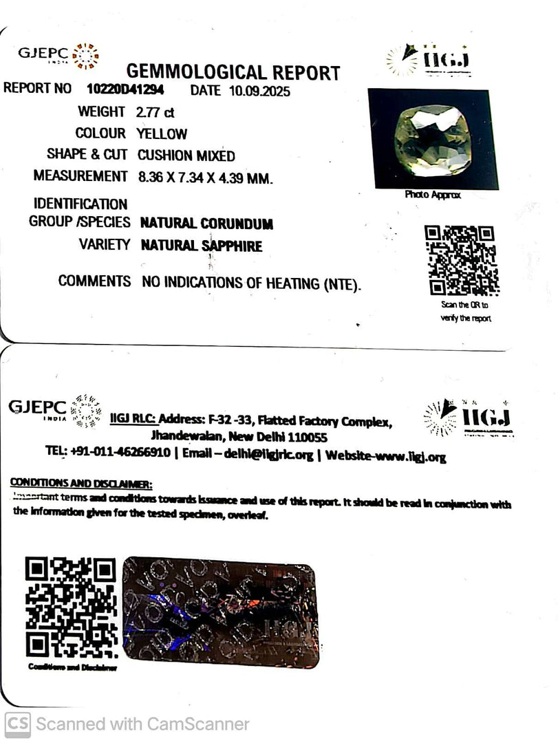 2.77/CT Natural Yellow Sapphire With Govt Lab Certificate (34410)