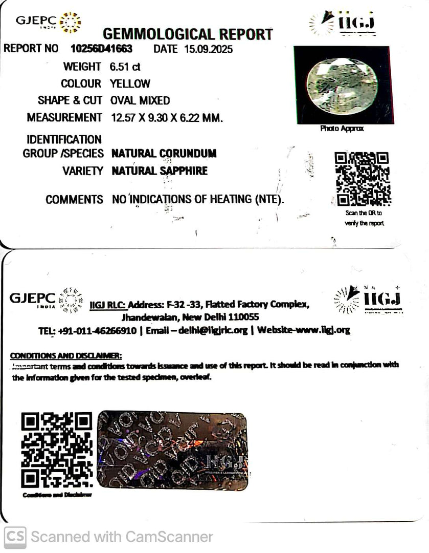 6.51/CT Natural Yellow Sapphire With Govt Lab Certificate (12210)