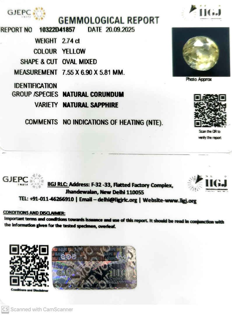 2.74/CT Natural Yellow Sapphire With Govt Lab Certificate (23310)