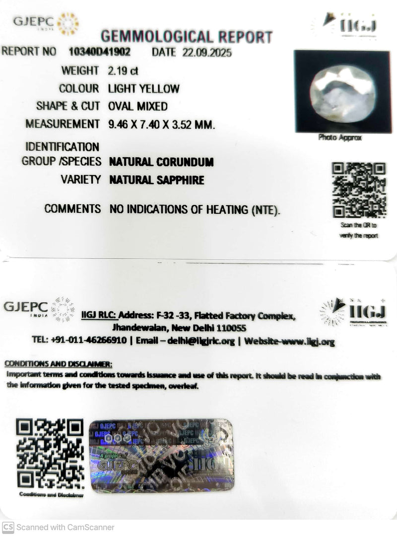 2.19/CT Natural Yellow Sapphire With Govt Lab Certificate (12210)