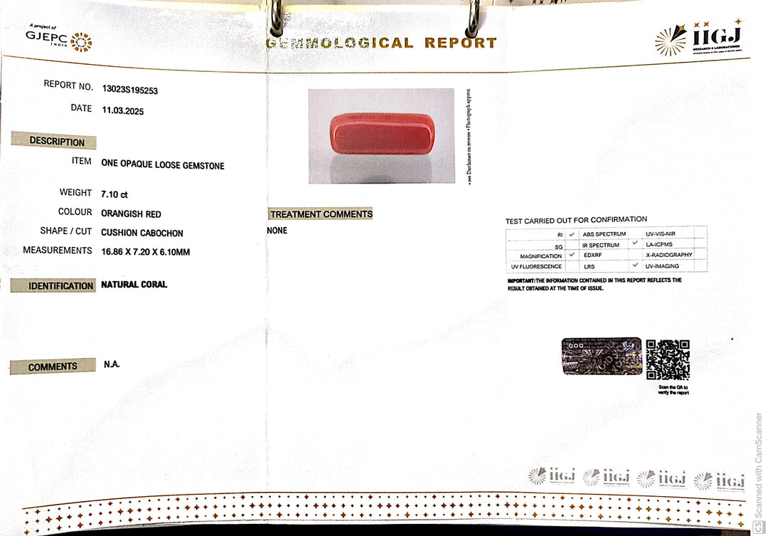 7.10/CT Natural Red Coral With Govt. Lab Certificate