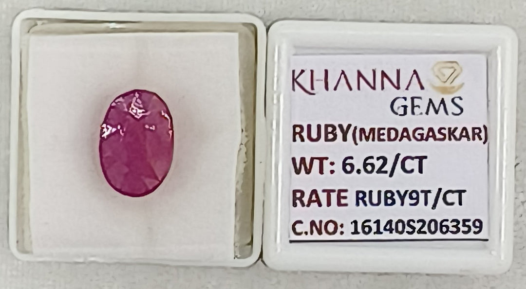 6.62/CT Natural Ruby Stone with Govt. Lab Certificate-16140S206359