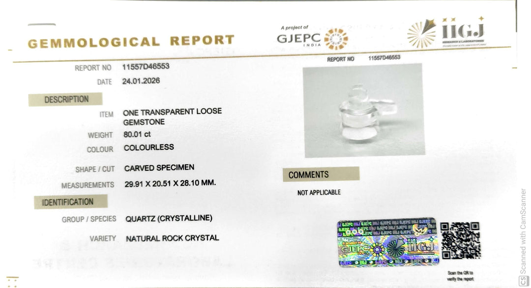 80.01/CT Sphatik Shivling with Govt. Lab Certificate-11557D46553