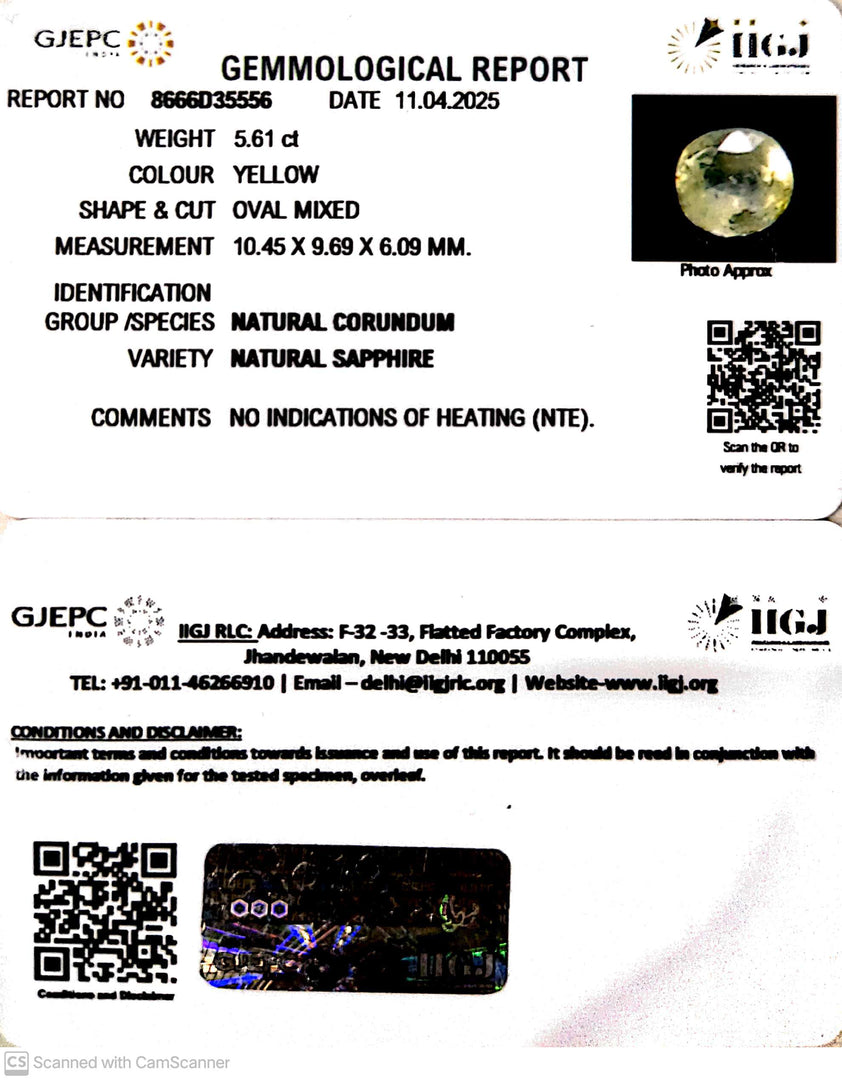 5.61/CT Natural Yellow Sapphire With Govt Lab Certificate