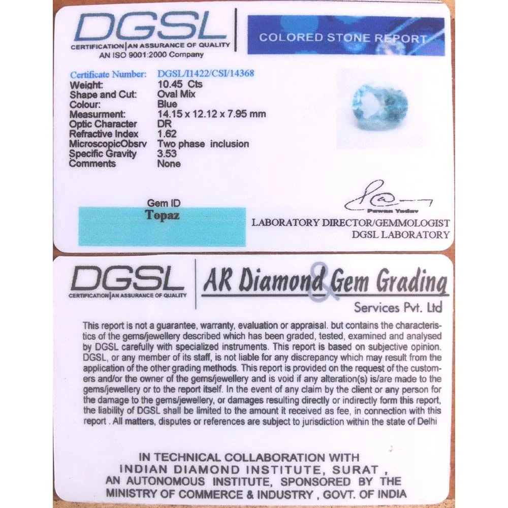 10.45/CT Natural Blue Topaz Stone with Govt Lab Certificate-DGSL/I1422/CSI/14368