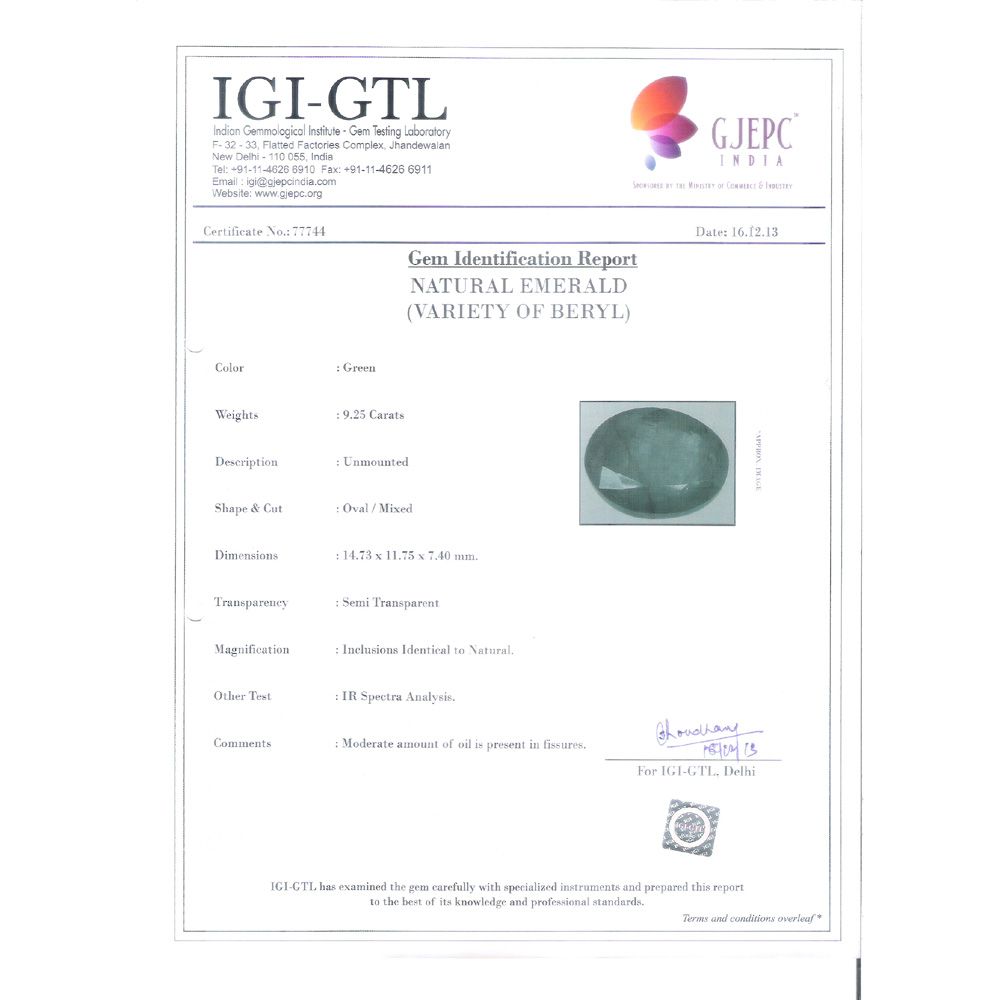 9.25/CT Natural Panna Stone with Govt. Lab Certificate (8991)