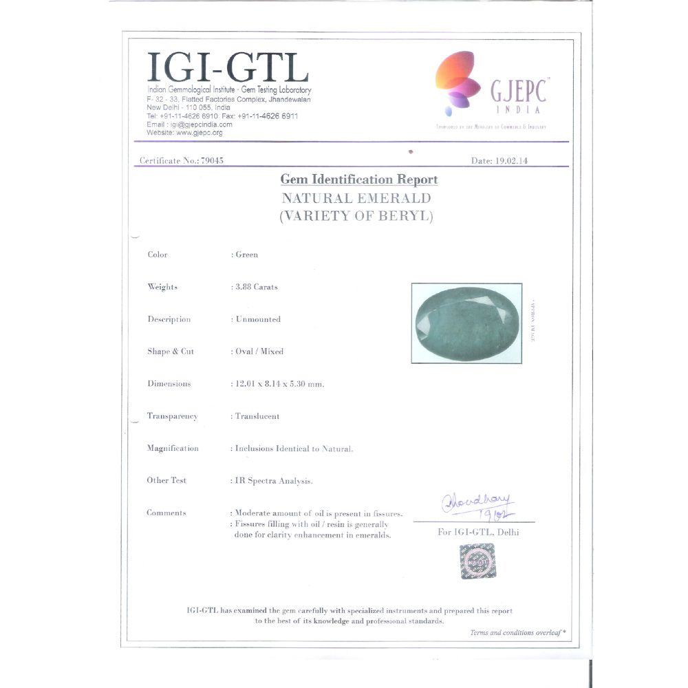 3.88/CT Natural Panna Stone with Govt. Lab Certificate (6771)