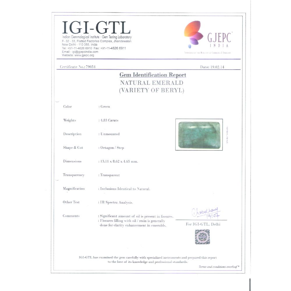 4.83/CT Natural Panna Stone with Govt. Lab Certificate (8991)
