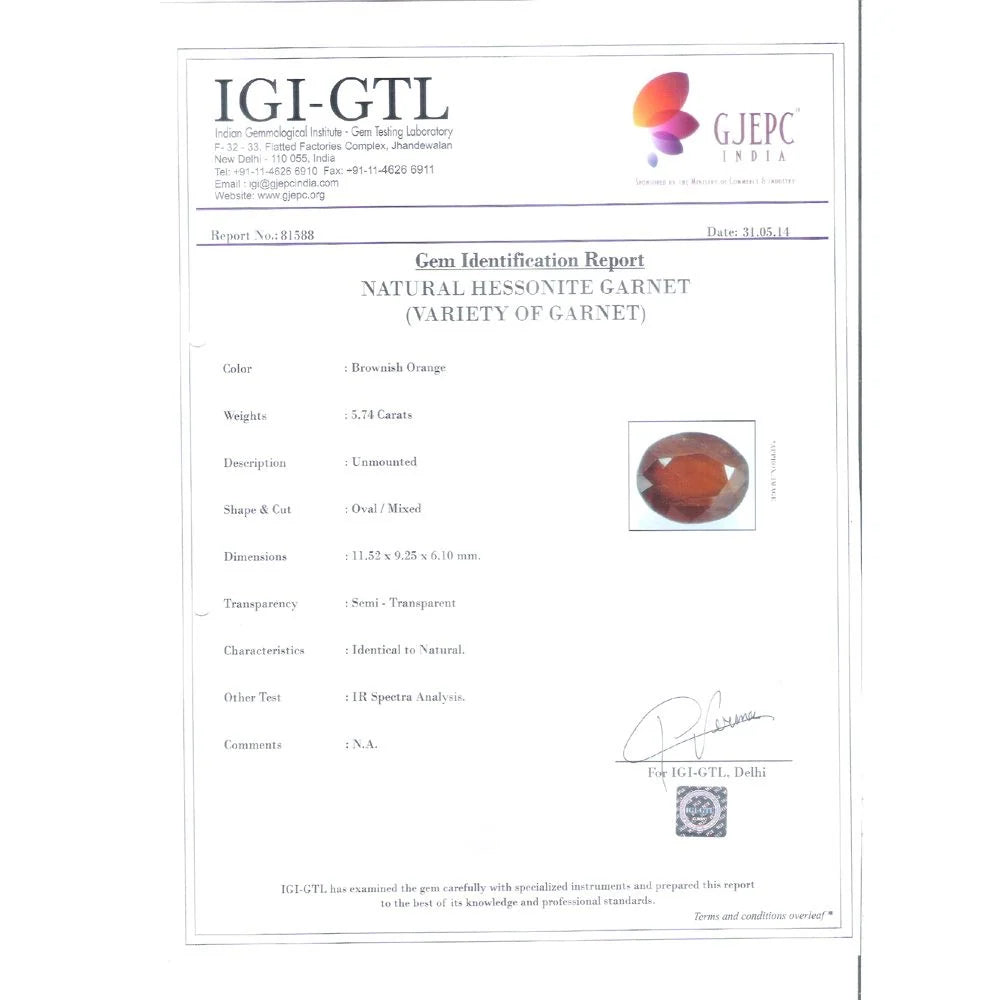 5.74/Carat Natural Hessonite Stone with Govt. Lab Certificate-81588