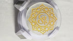 Load and play video in Gallery viewer, OM SYMBOL ENGRAVED SELENITE ROUND PLATE
