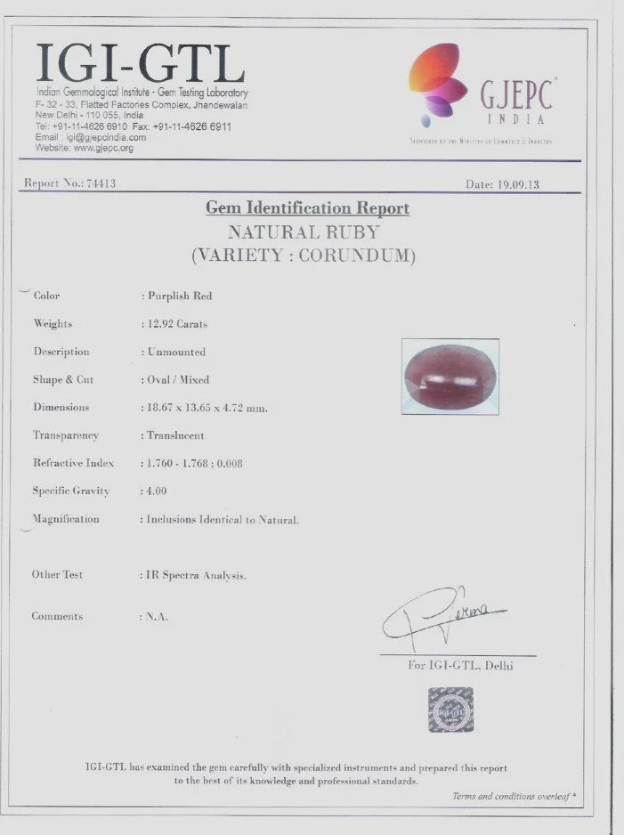 12.92/CT Natural Indian Ruby with Govt. Lab Certificate-74413